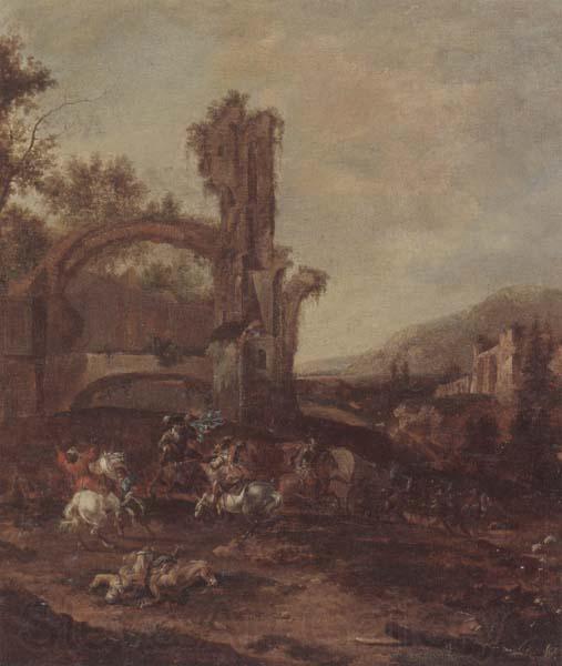 unknow artist An architectural capriccio with a cavalry engagement,a landscape beyond